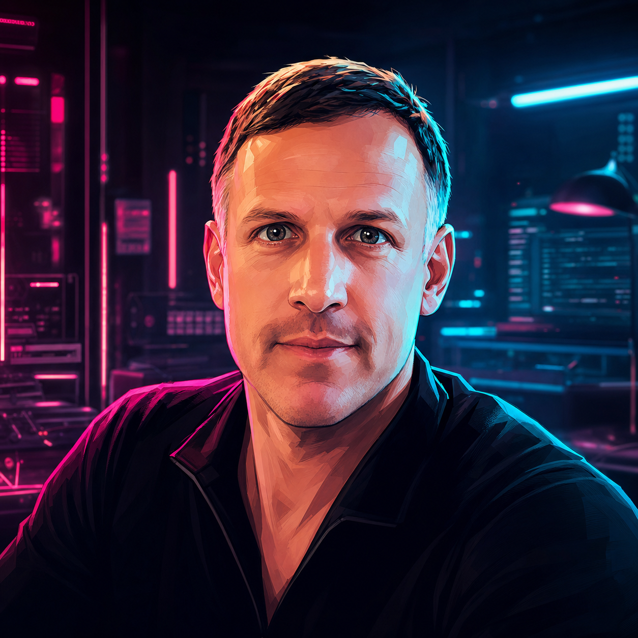 Cyberpunk-inspired portrait of Bryan Saltzman