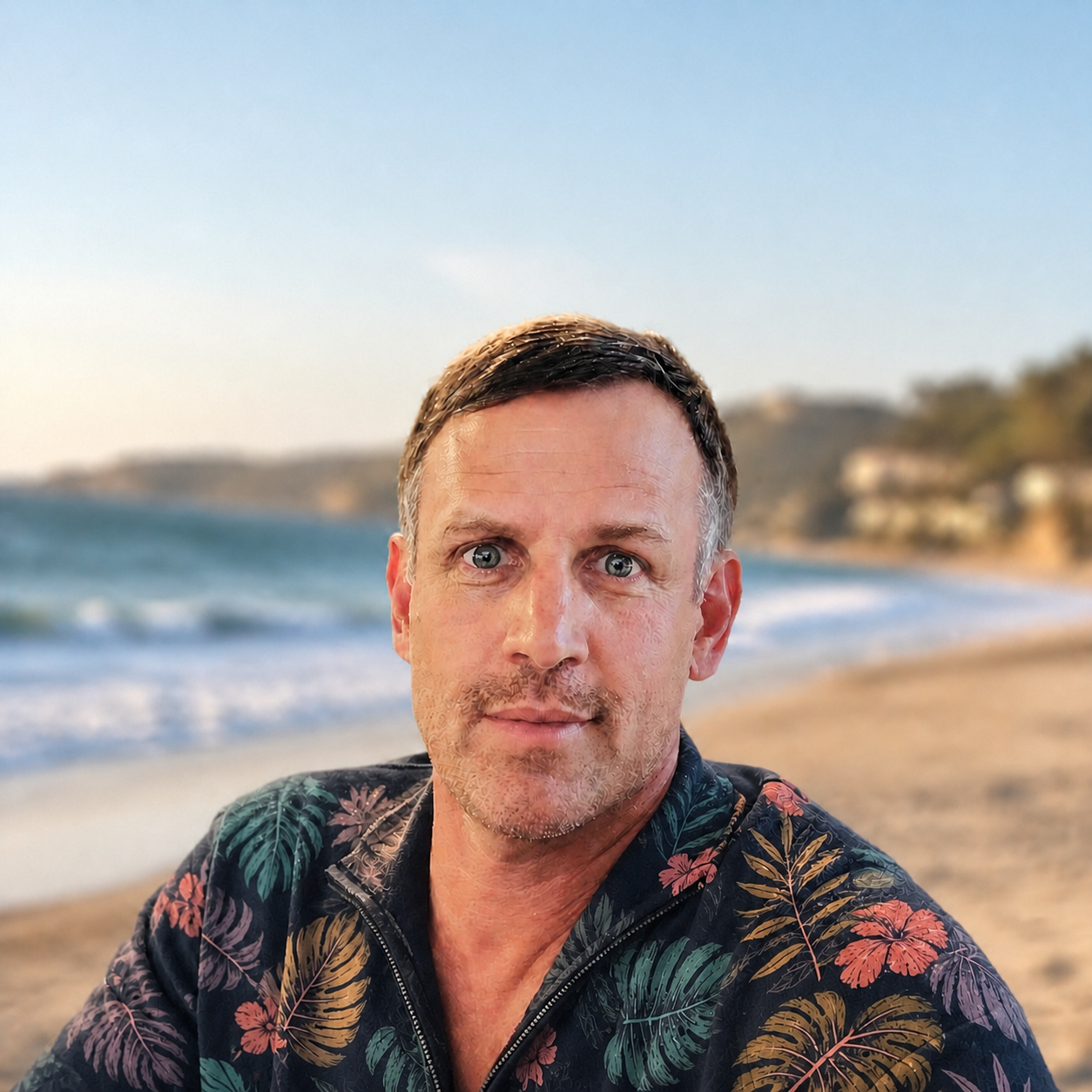 Bryan Saltzman portrait with surf background and Hawaiian print in site colors